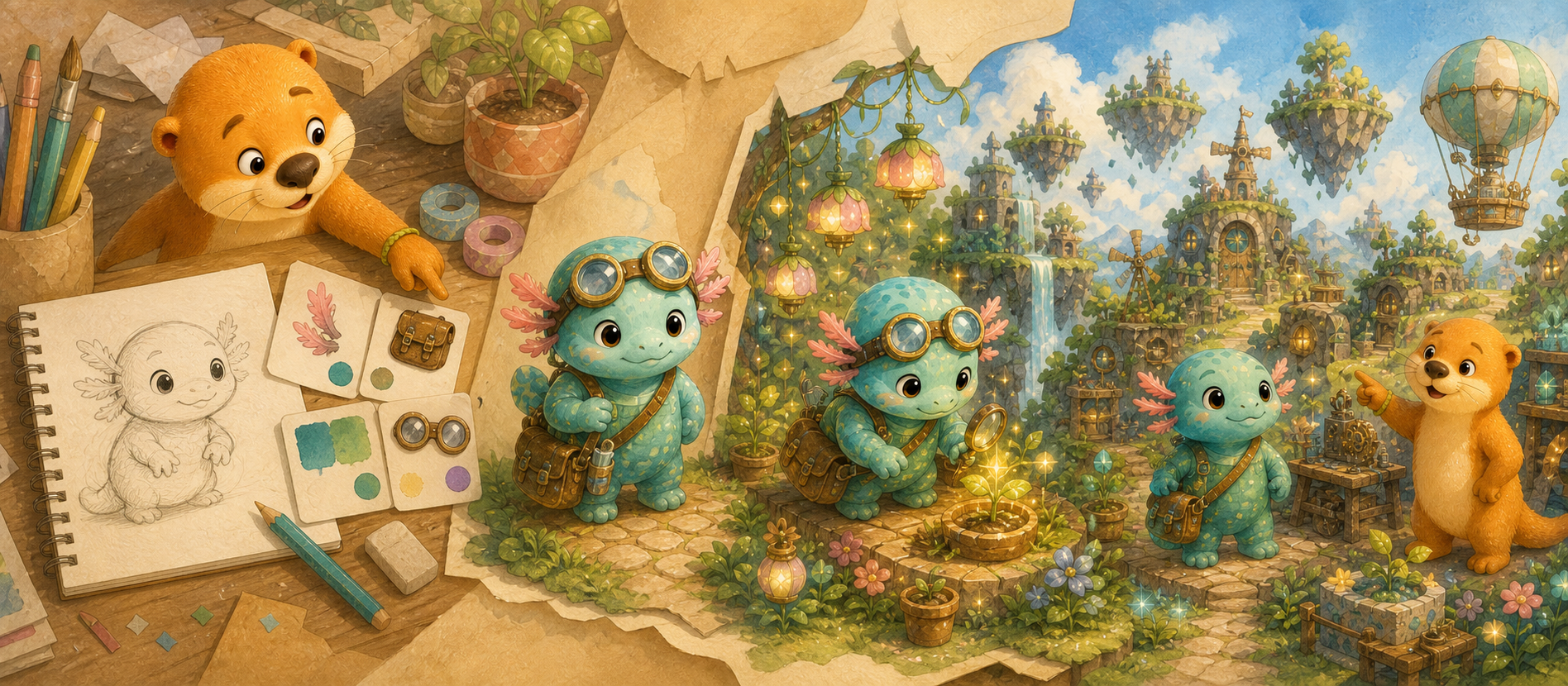 A child’s axolotl sketch becoming a character, an adventure, and a whole imaginative world through a series of choices