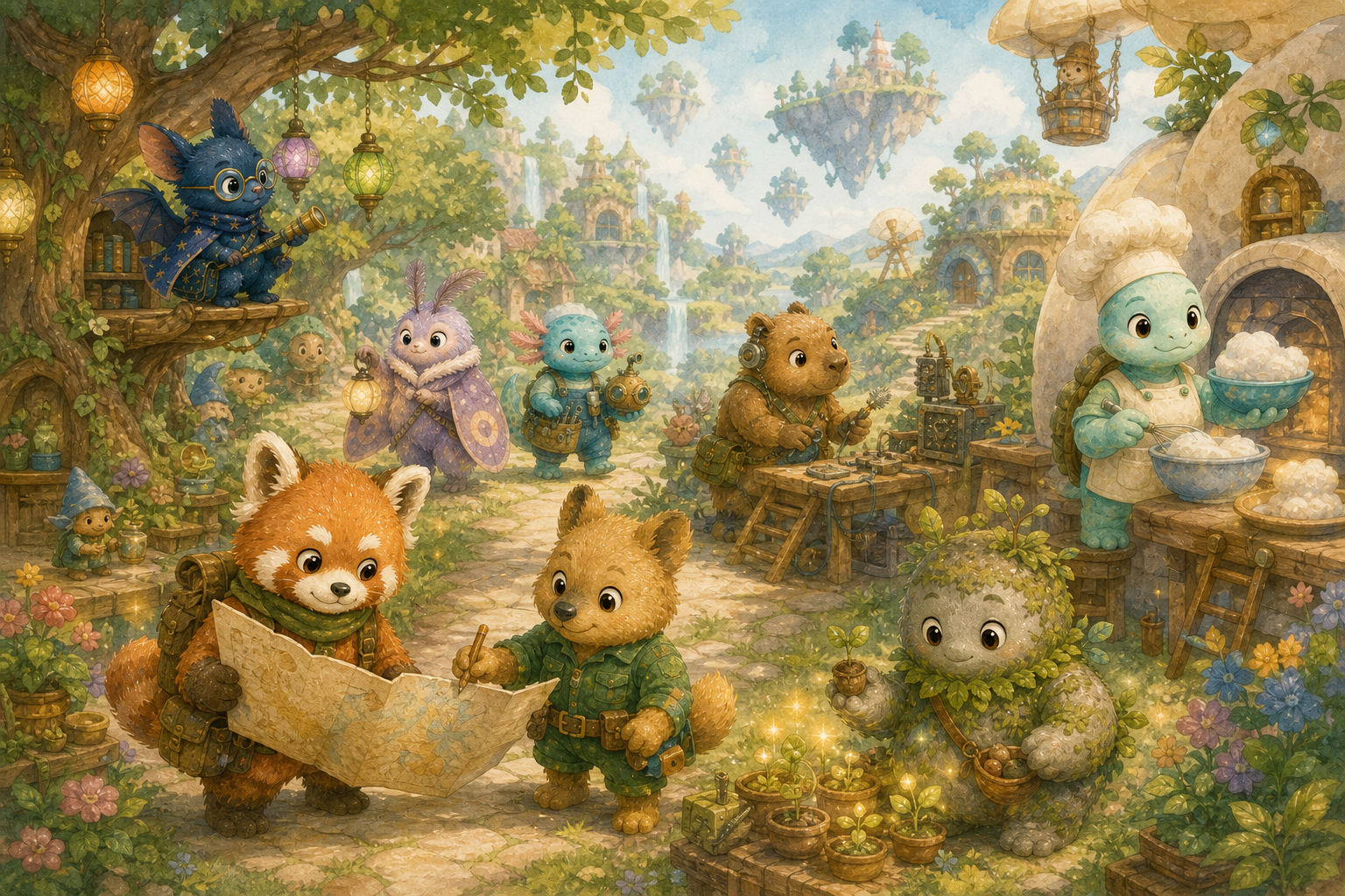 Original Rifflo characters inventing, exploring, baking, and growing ideas together in one imaginative world