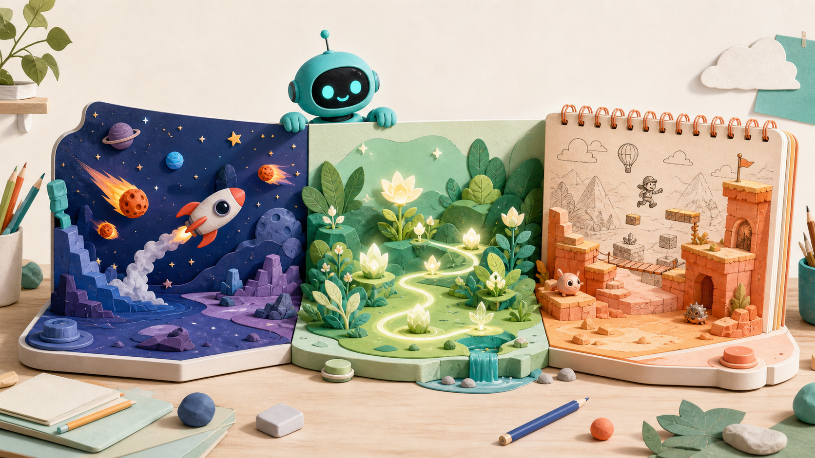 A colorful workbench filled with game worlds ready to be built